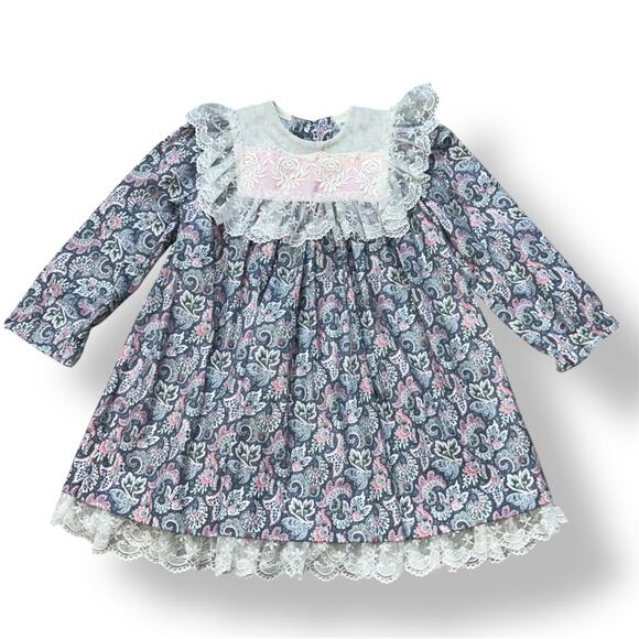 Vintage Peaches ‘n Cream Gray Pink Paisley Ruffle Dress Size 4 - Picture 1 of 7